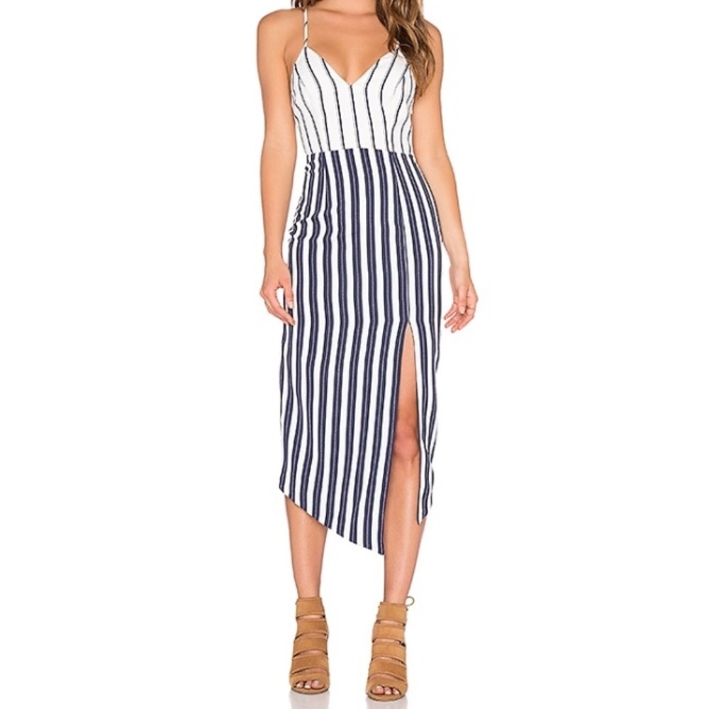 Asymmetrical Fitted Dress in White and Navy Blue